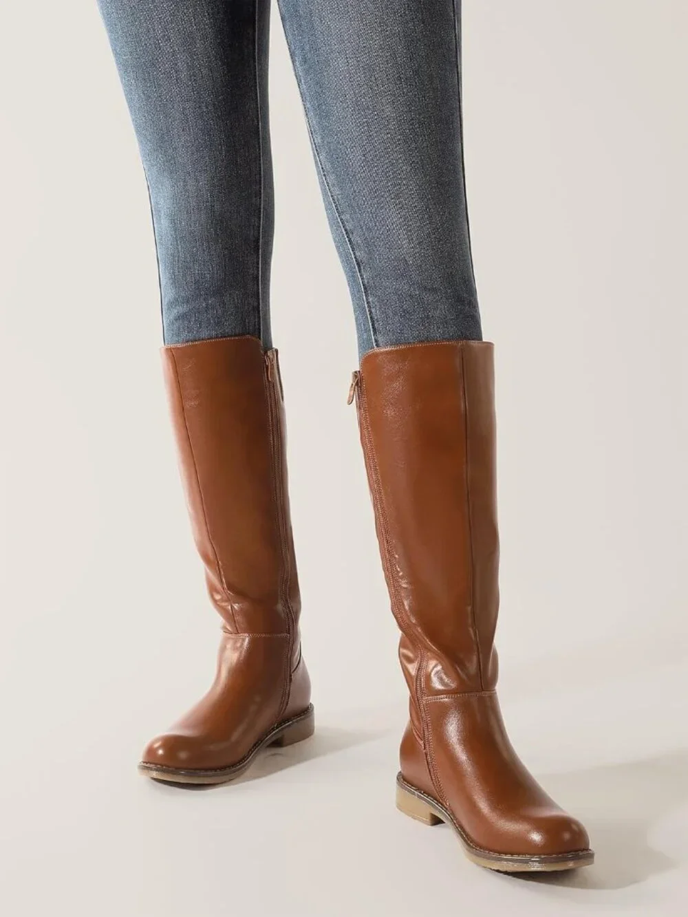 Women's  Brown Pu Knee High Boots Flat Low Heel with Side Zipper